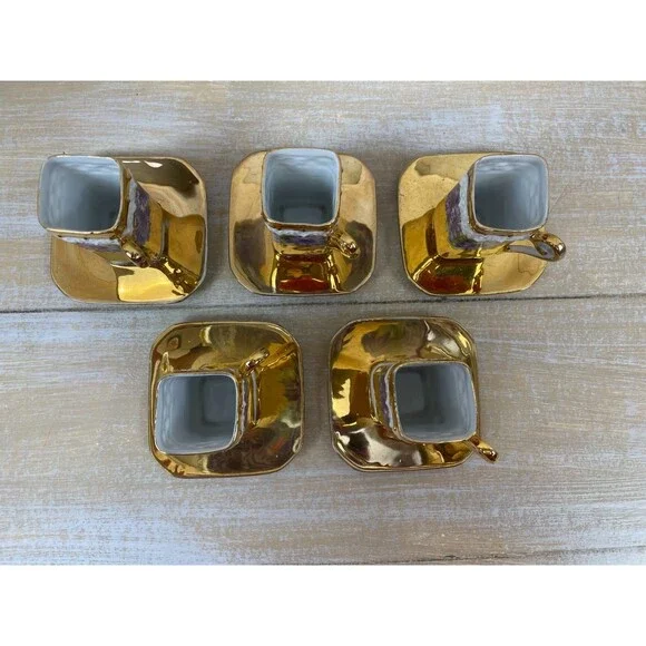 5 Bone China Gold Encrusted Floral Square Demi-Tasse Cups & Saucers Germany